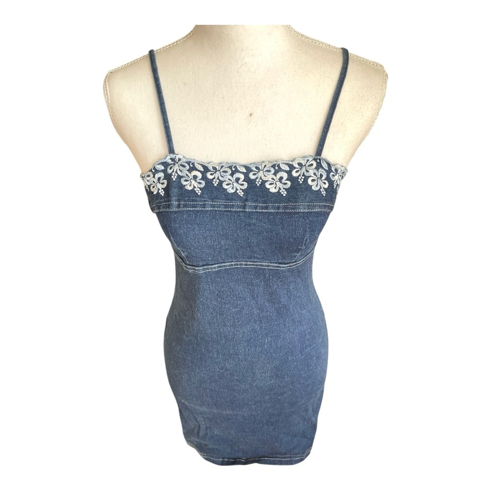 Vintage Y2k Brentwood Floral Embroidered Stretchy Denim Babydoll Mini Dress sz S - Picture 6 of 10